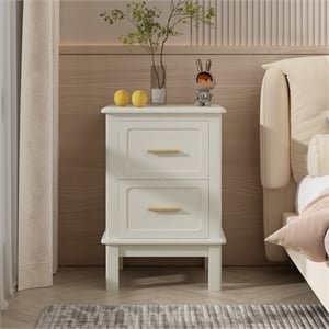 White Solid Wood Modern 2 Drawer Nightstand with Gold Handles