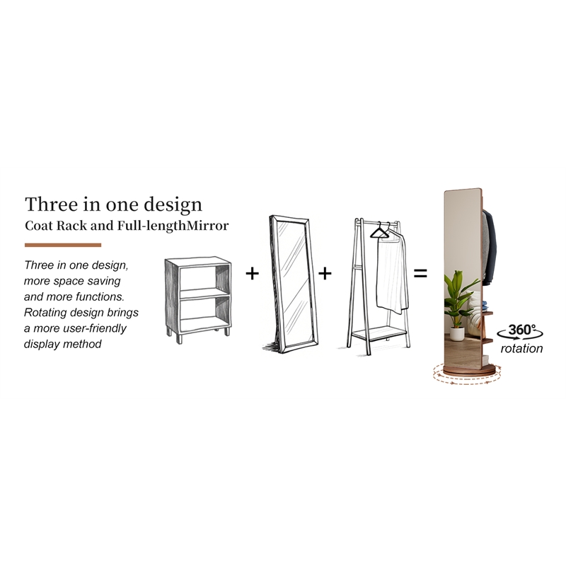 Walnut  Wood 66 inch Rotating Full Length Mirror with Coat Rack and Hooks