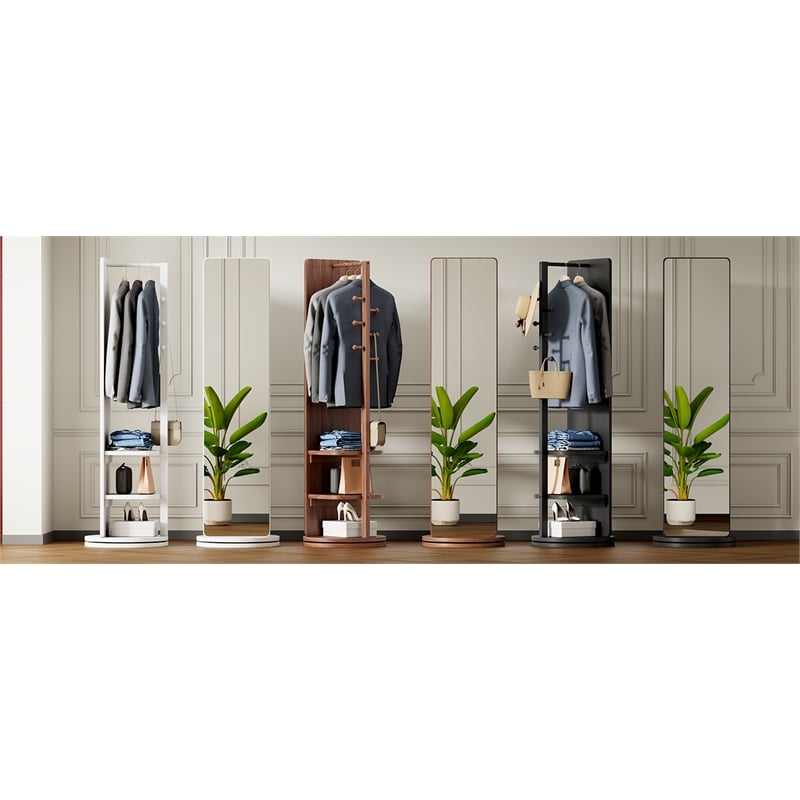 69 Walnut Wood Rotating Full Length Mirror with Coat Rack Storage
