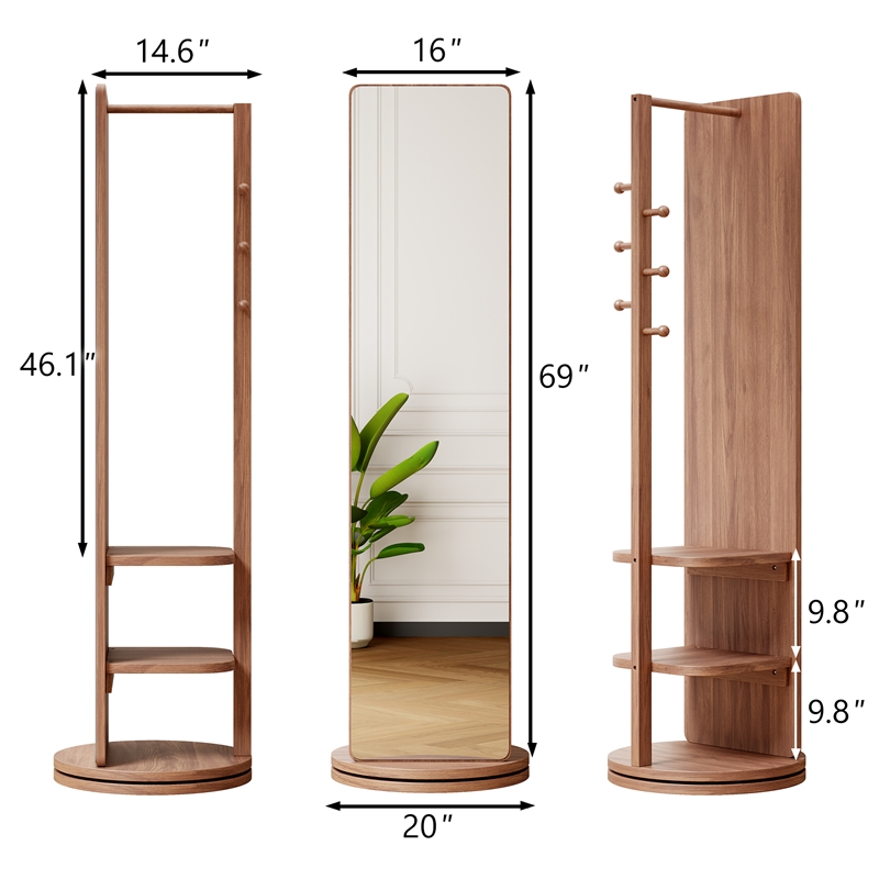 69 Walnut Wood Rotating Full Length Mirror with Coat Rack Storage
