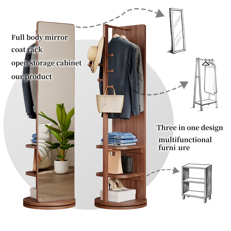69 Walnut Wood Rotating Full Length Mirror with Coat Rack Storage