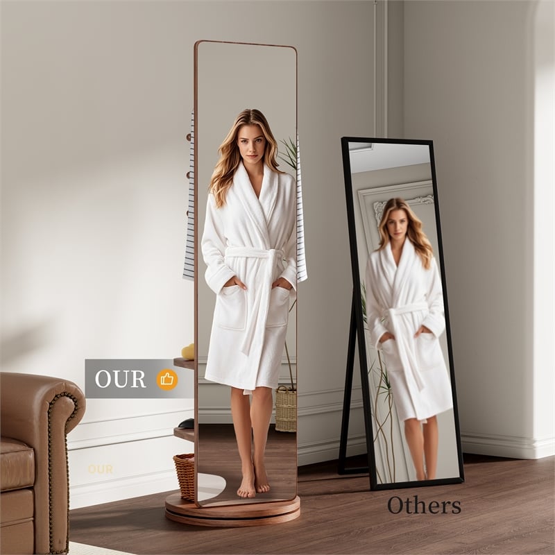 69 Walnut Wood Rotating Full Length Mirror with Coat Rack Storage