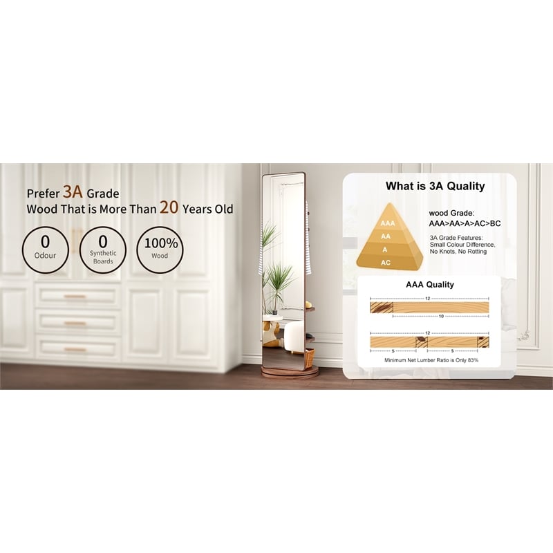 69 Walnut Wood Rotating Full Length Mirror with Coat Rack Storage