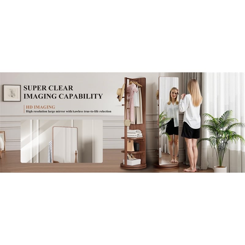 69 Walnut Wood Rotating Full Length Mirror with Coat Rack Storage