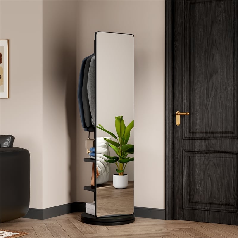 66 Black Wood Rotating Full Length Mirror with Coat Rack Storage