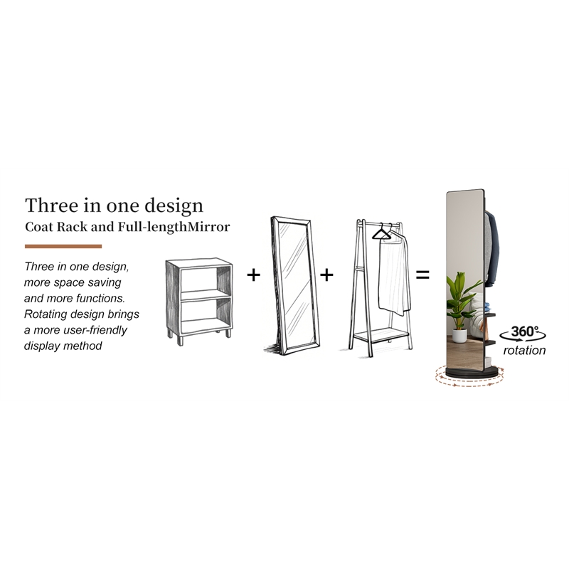 66 Black Wood Rotating Full Length Mirror with Coat Rack Storage
