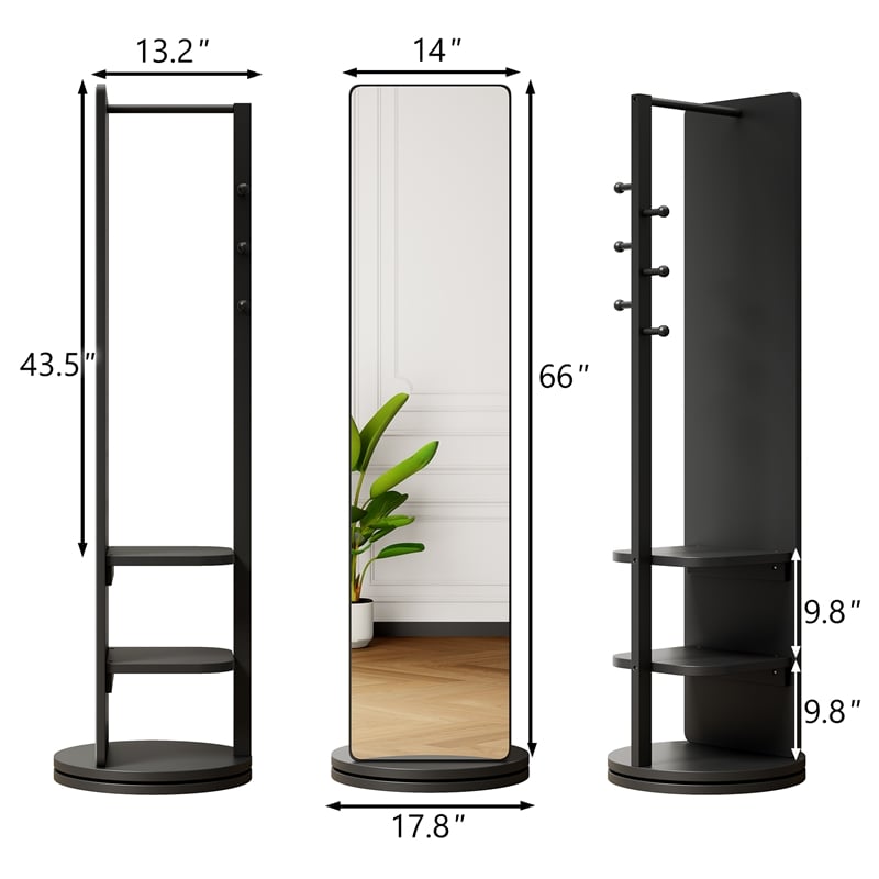 66 Black Wood Rotating Full Length Mirror with Coat Rack Storage