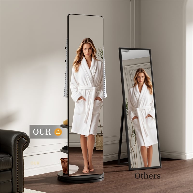 66 Black Wood Rotating Full Length Mirror with Coat Rack Storage