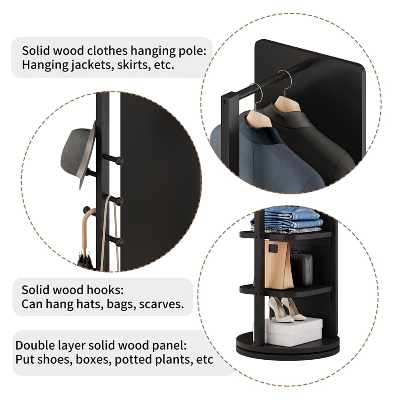 66 Black Wood Rotating Full Length Mirror with Coat Rack Storage