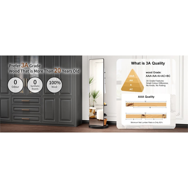 66 Black Wood Rotating Full Length Mirror with Coat Rack Storage