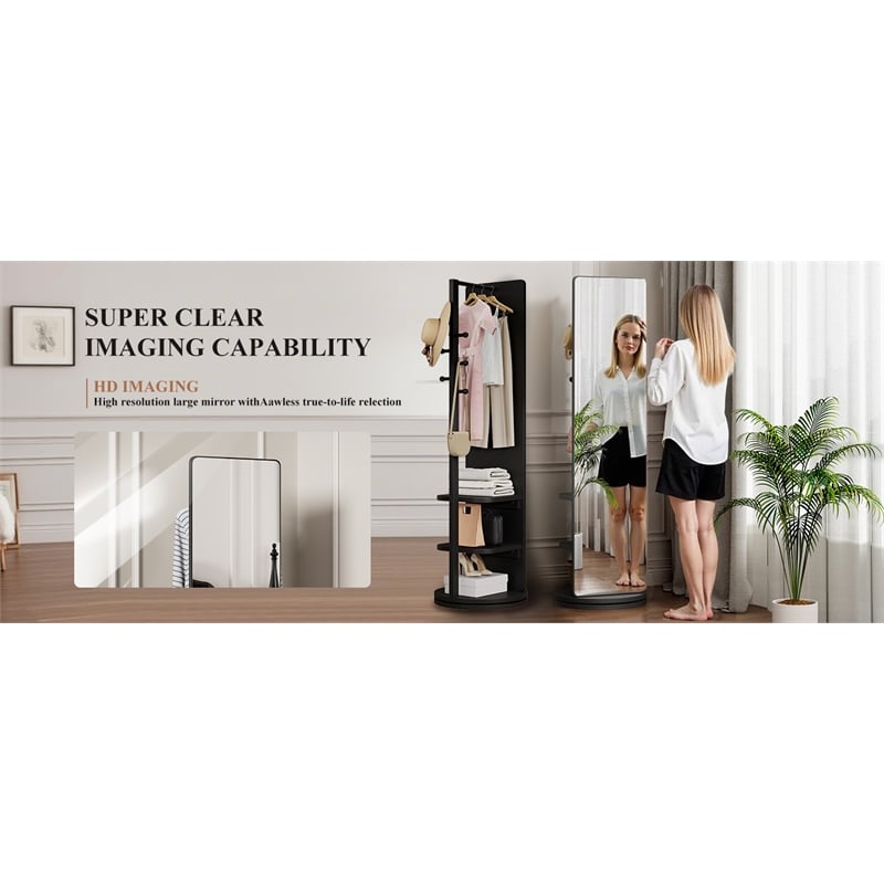 66 Black Wood Rotating Full Length Mirror with Coat Rack Storage