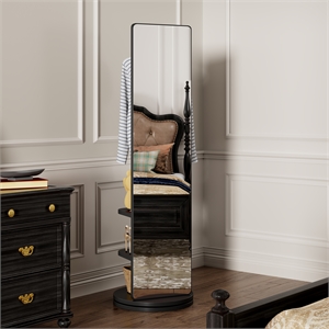 66 Black Wood Rotating Full Length Mirror with Coat Rack Storage