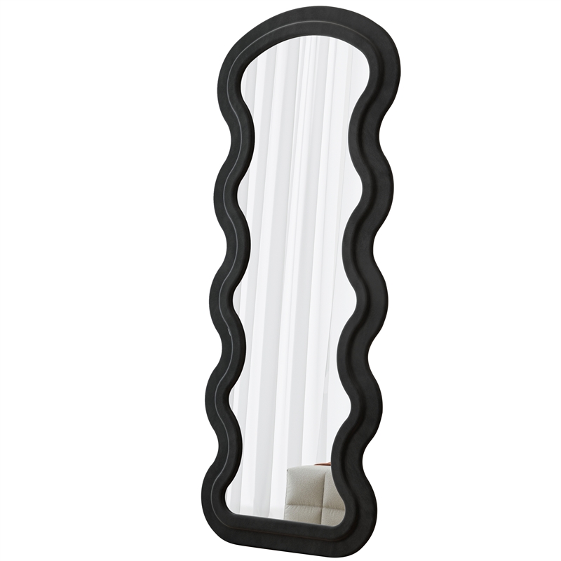 Black Flannel Full Length Wave Floor Mirror Wood Frame for Bedroom Living Room