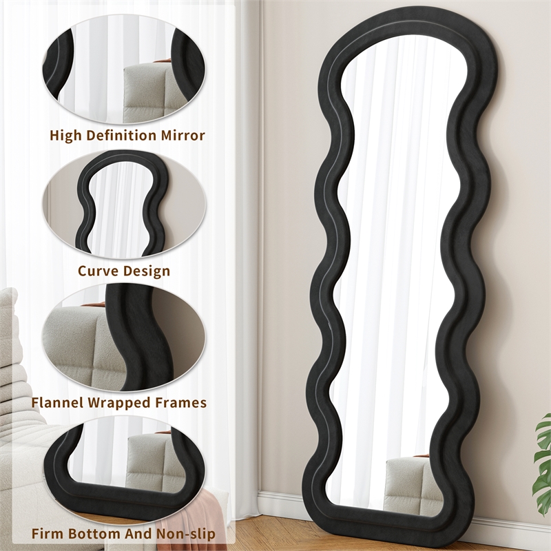 Black Flannel Full Length Wave Floor Mirror Wood Frame for Bedroom Living Room