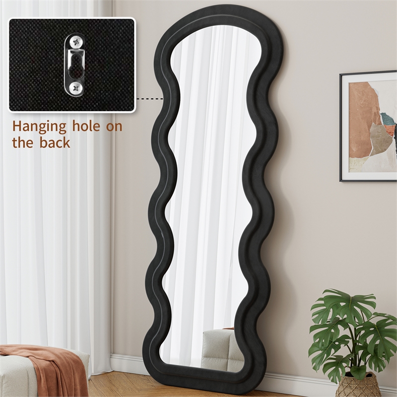 Black Flannel Full Length Wave Floor Mirror Wood Frame for Bedroom Living Room