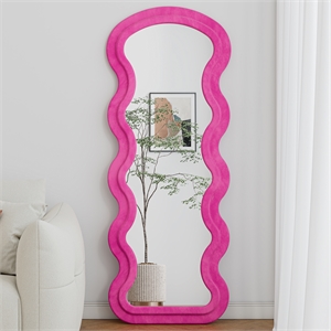 Rose Pink Wood Flannel Full Length Wave Floor Mirror with Stand for Bedroom