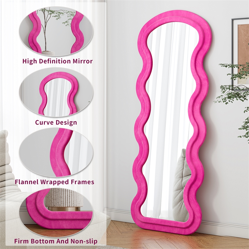 Rose Flannel Wave Wood Full Length Floor Mirror for Bedroom Living Room