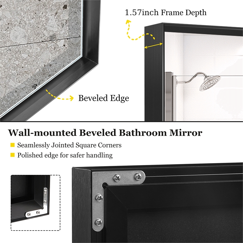 36  Glossy Black Aluminum Framed Rectangle Bathroom Wall Vanity Mirror