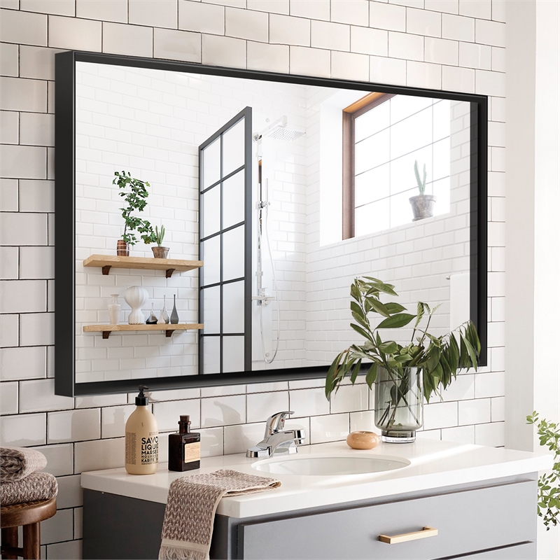 36  Glossy Black Aluminum Framed Rectangle Bathroom Wall Vanity Mirror