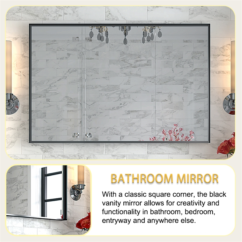 36  Glossy Black Aluminum Framed Rectangle Bathroom Wall Vanity Mirror