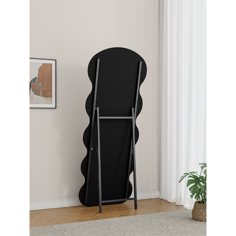 Full Length Black Flannel Wave Floor Mirror with Wood Stand for Bedroom