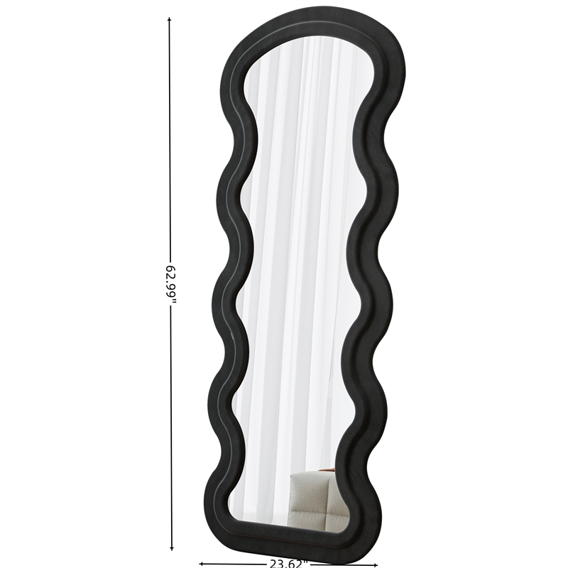 Full Length Black Flannel Wave Floor Mirror with Wood Stand for Bedroom