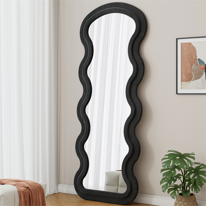 Full Length Black Flannel Wave Floor Mirror with Wood Stand for Bedroom