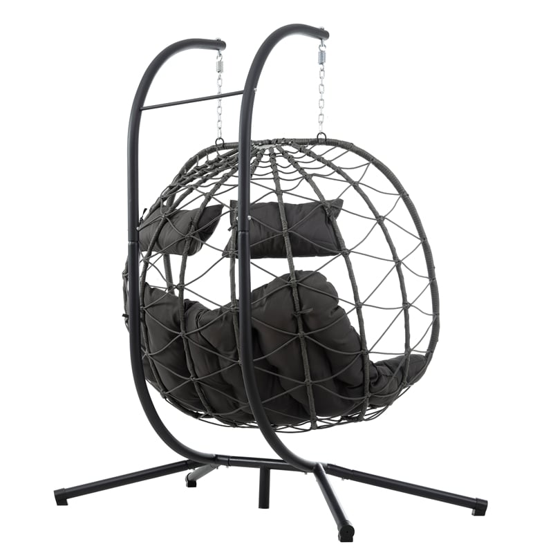 Gray Steel 2-Person Indoor Outdoor  Hanging Egg Chair with Stand