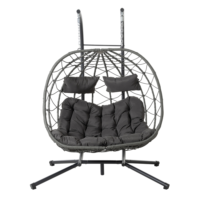 Gray Steel 2-Person Indoor Outdoor  Hanging Egg Chair with Stand