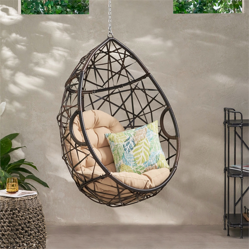 Brown Rattan Teardrop Hanging Egg Chair with Water-Resistant Cushions