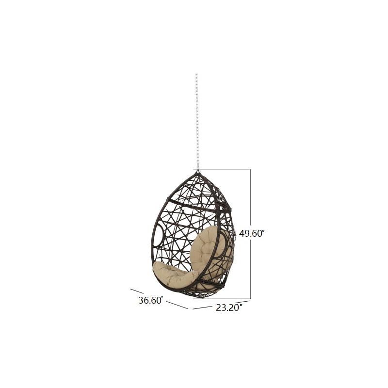 Brown Rattan Teardrop Hanging Egg Chair with Water-Resistant Cushions