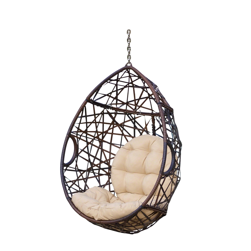 Brown Rattan Teardrop Hanging Egg Chair with Water-Resistant Cushions
