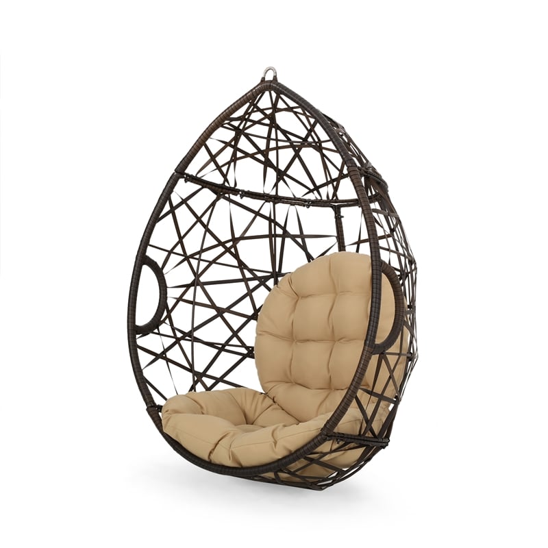 Brown Rattan Teardrop Hanging Egg Chair with Water-Resistant Cushions