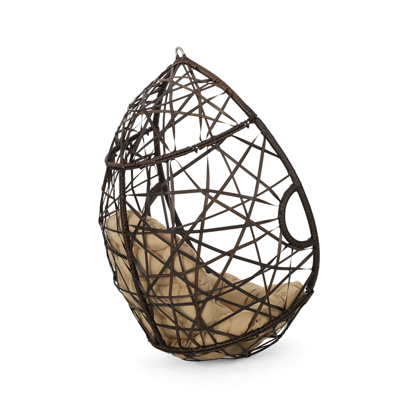 Brown Rattan Teardrop Hanging Egg Chair with Water-Resistant Cushions