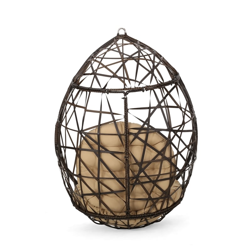 Brown Rattan Teardrop Hanging Egg Chair with Water-Resistant Cushions