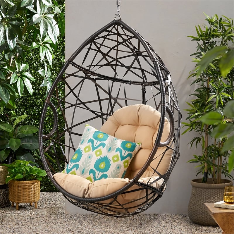 Brown Rattan Teardrop Hanging Egg Chair with Water-Resistant Cushions
