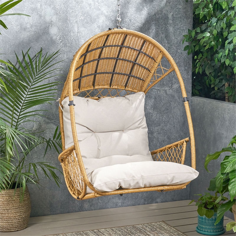 Beige Fabric Hanging Basket Chair for Indoor & Outdoor Use with Cushions
