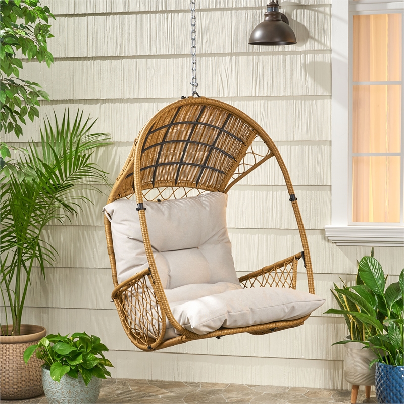 Beige Fabric Hanging Basket Chair for Indoor & Outdoor Use with Cushions
