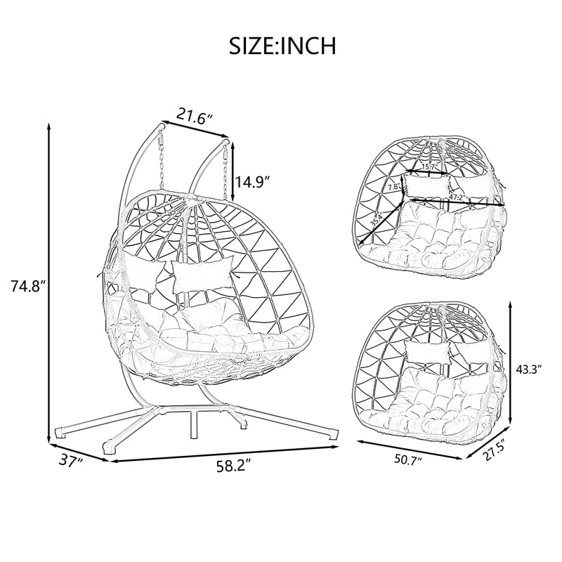 Blue Steel 2-Person Indoor Outdoor Wicker Hanging Egg Chair with Stand