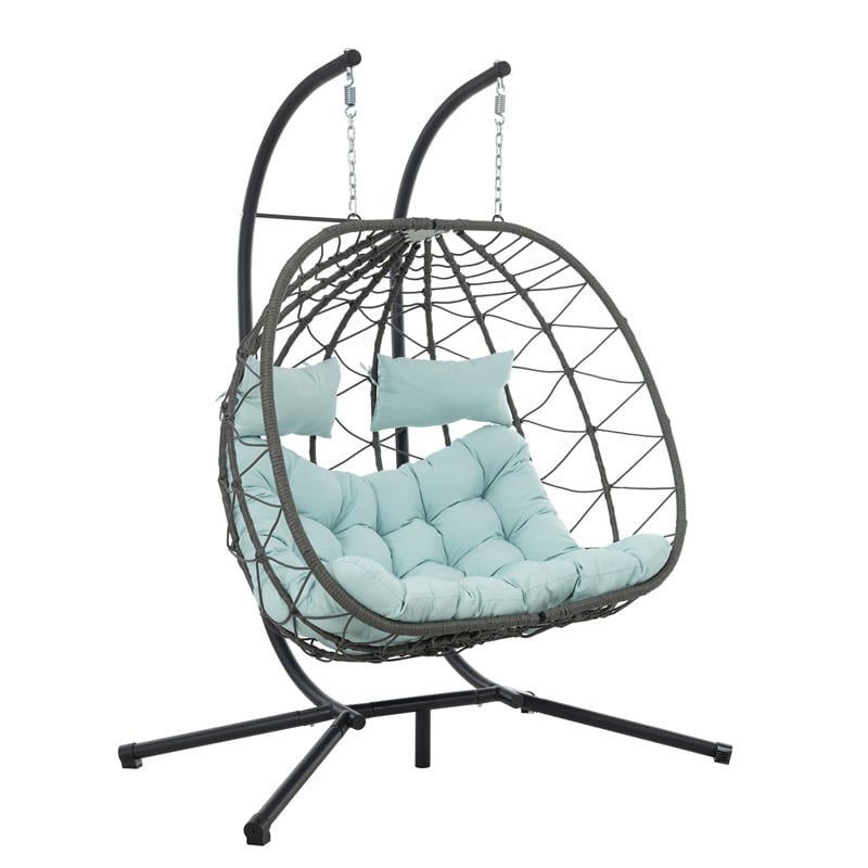 Blue Steel 2-Person Indoor Outdoor Wicker Hanging Egg Chair with Stand