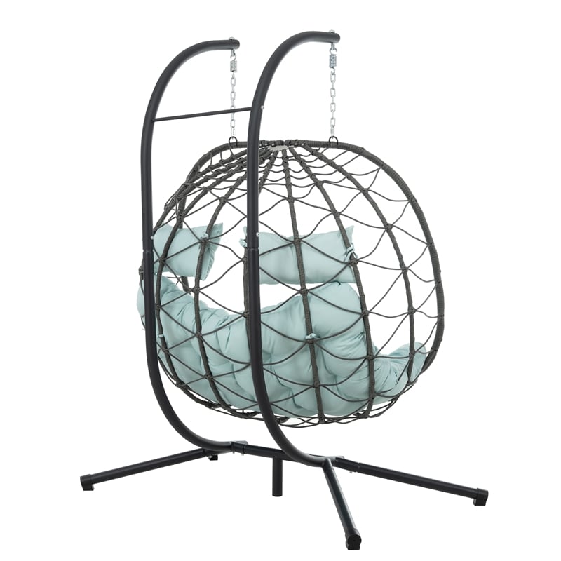 Blue Steel 2-Person Indoor Outdoor Wicker Hanging Egg Chair with Stand