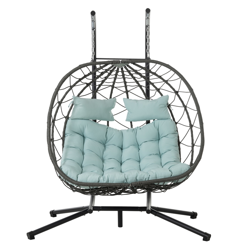 Blue Steel 2-Person Indoor Outdoor Wicker Hanging Egg Chair with Stand