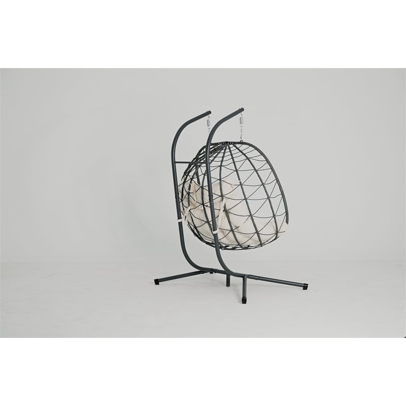 Beige Steel 2-Person Indoor Outdoor Wicker Hanging Egg Chair with Stand
