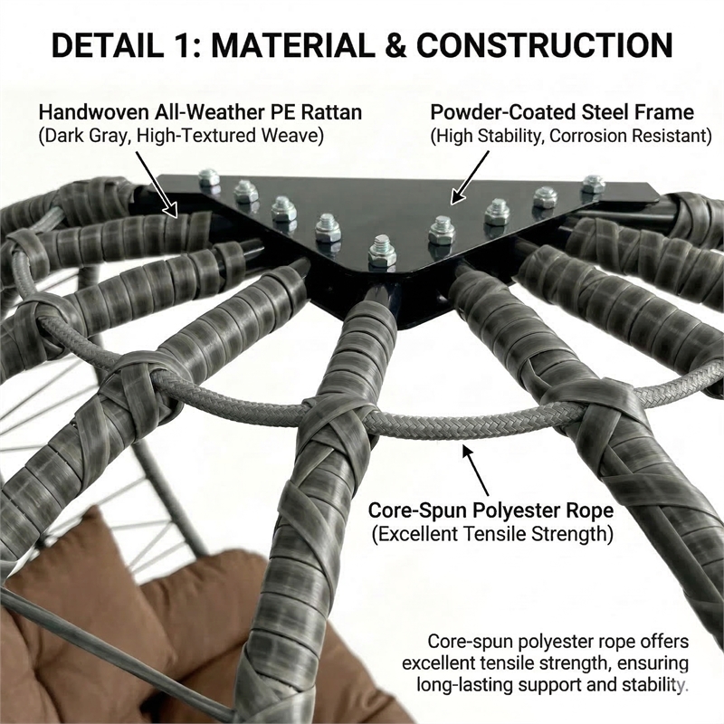 Brown Wicker / Rattan  Double Hanging Egg Chair with Stand and Cushion