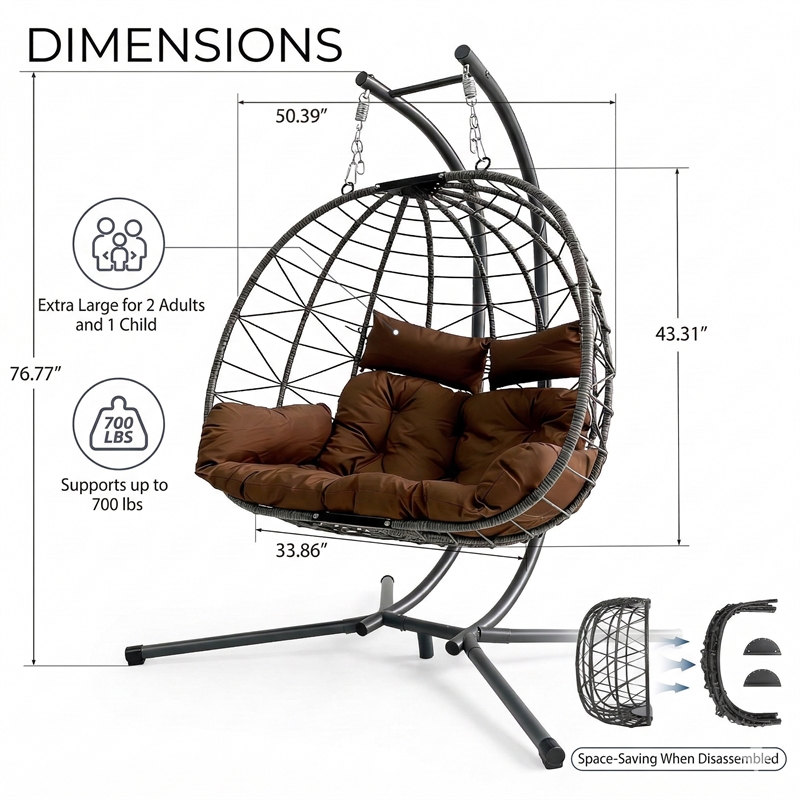 Brown Wicker / Rattan  Double Hanging Egg Chair with Stand and Cushion