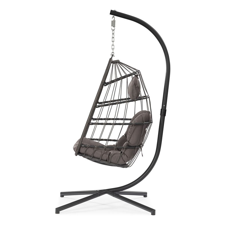 Gray Aluminum Outdoor Wicker Hanging Egg Chair with Stand and Cup Holder