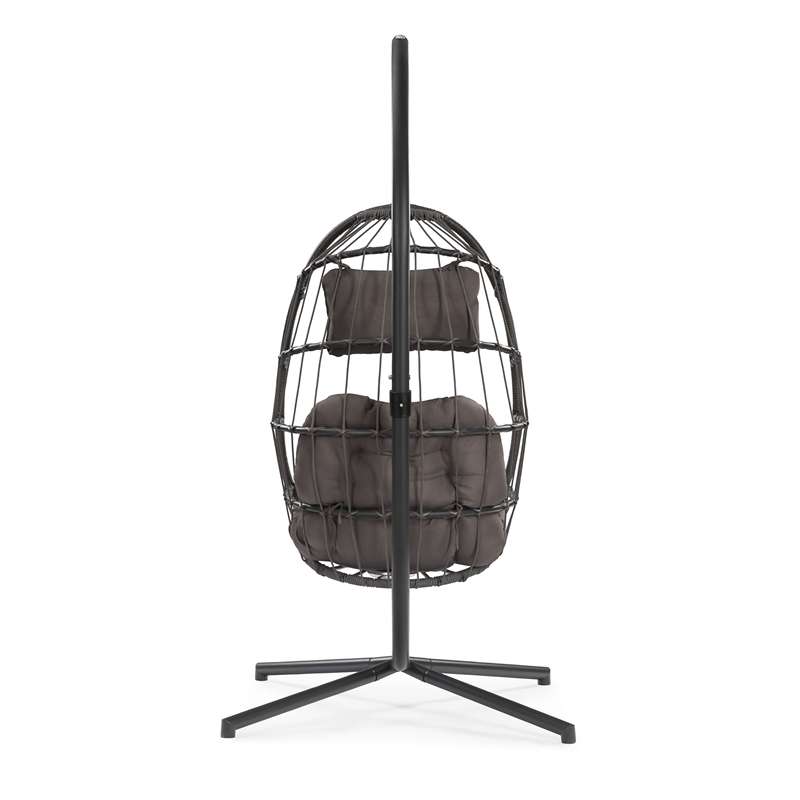 Gray Aluminum Outdoor Wicker Hanging Egg Chair with Stand and Cup Holder