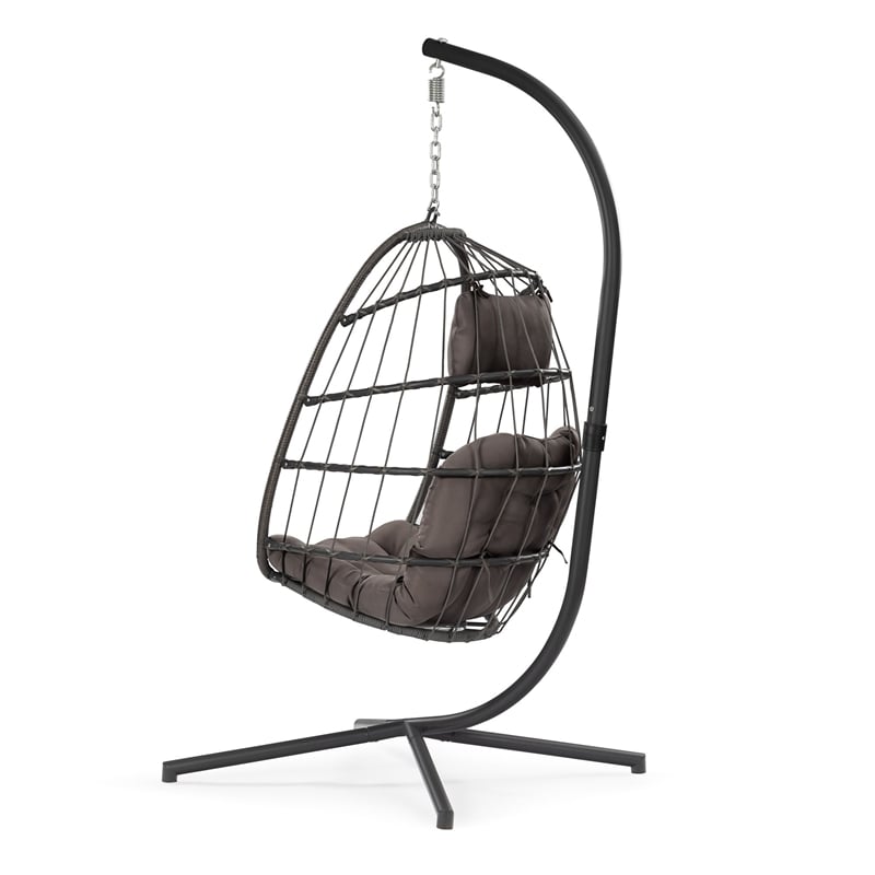 Gray Aluminum Outdoor Wicker Hanging Egg Chair with Stand and Cup Holder
