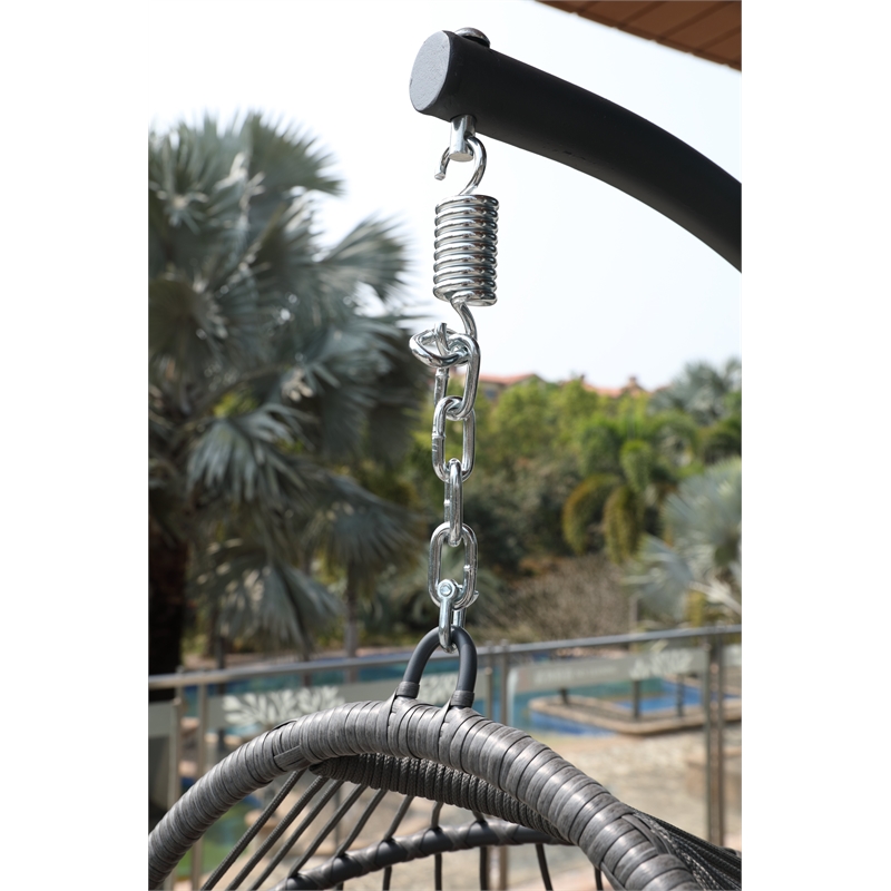 Gray Aluminum Outdoor Wicker Hanging Egg Chair with Stand and Cup Holder