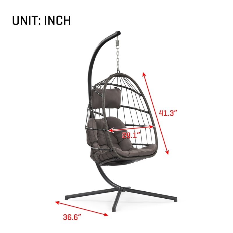 Gray Aluminum Outdoor Wicker Hanging Egg Chair with Stand and Cup Holder